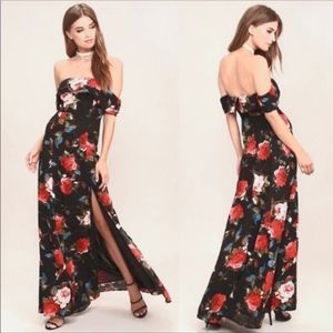 NWT Lulu's I Care Black Floral Print Off-the-Shoulder Maxi Dress